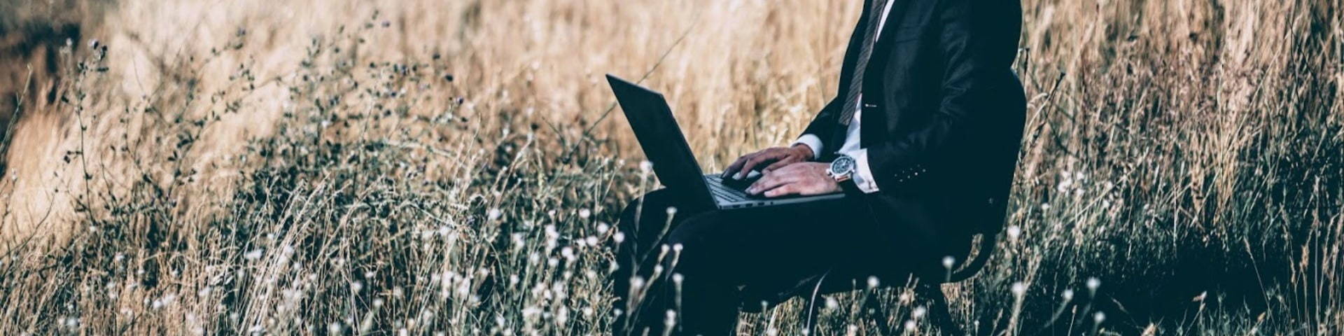 businessman sat in field on laptop