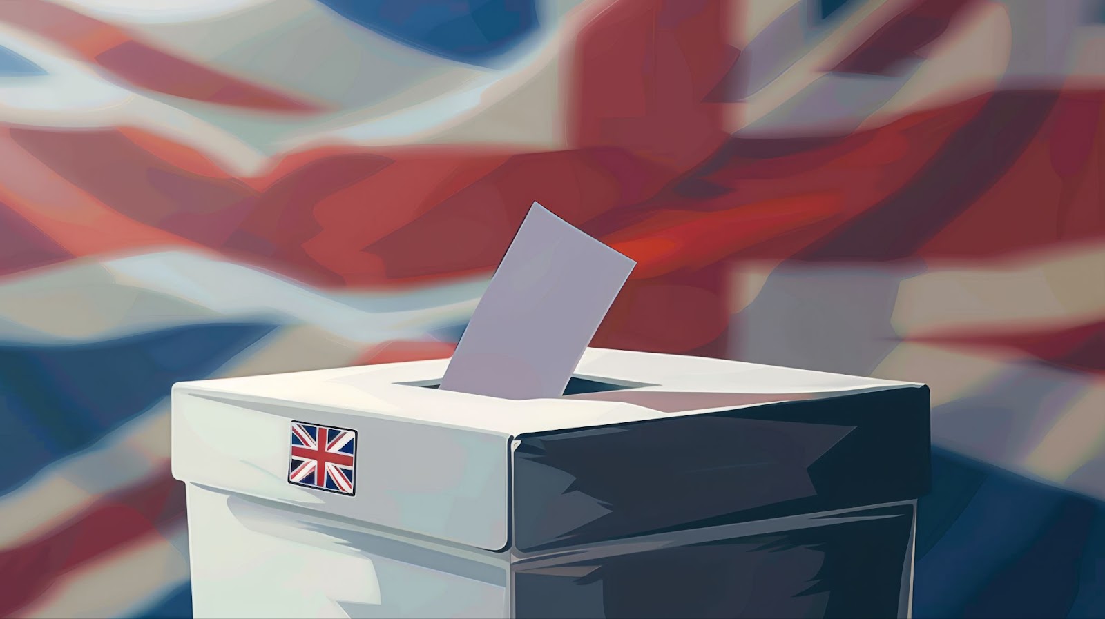 general election voting box sat in front of a union jack flag